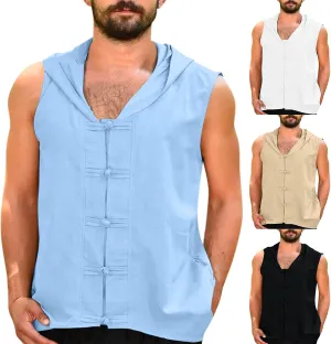Sleeveless Hoodies for Men Summer Cotton Linen Tank Tops Button Down Beach Yoga Shirts T-Shirt Blouses Basic Tees