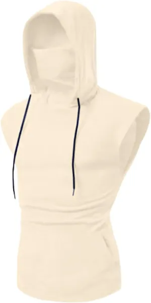Sleeveless Hoodies for Men Summer Mask Tank Tops with Bulit in Neck Pocket Shirts Pullover Tops Gym Tees Fitness Vest