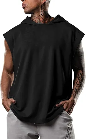 Sleeveless Hoodies for Men Summer Workout Tank Tops Bodybuilding Muscle Gym Cut Off Shirts Hooded Loose Pullover Tees