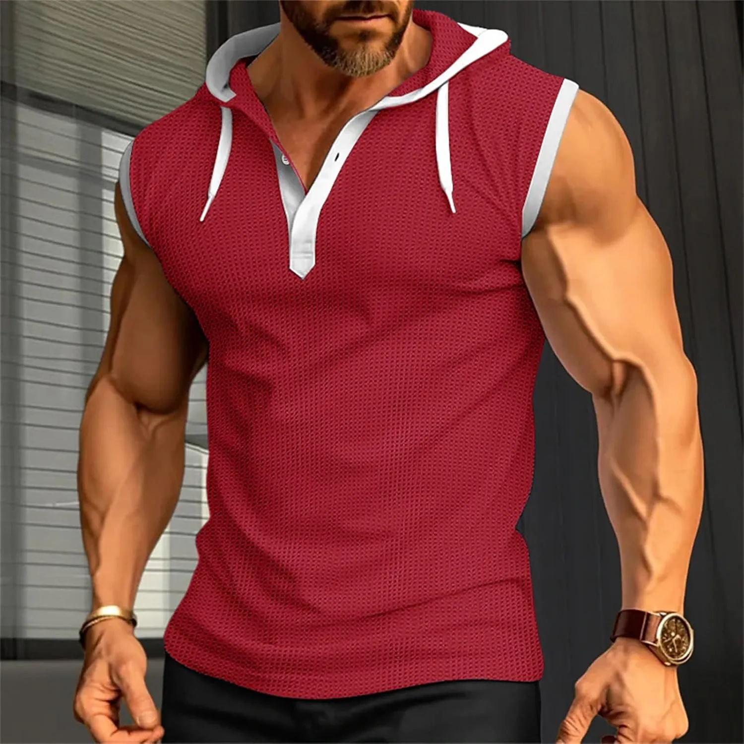 Sleeveless Hoodies for Men Waffle Tank Tops Hoodie Summer Muscle Gym Shirts Bodybuilding Casual Beach Hippie T Shirt