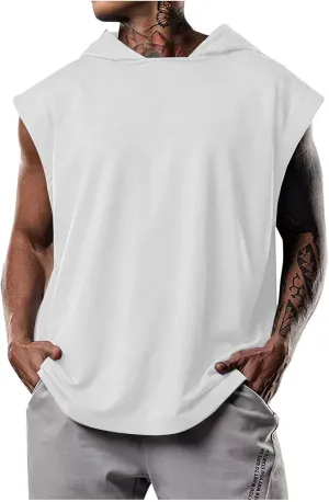 Sleeveless Hoodies for Men Workout Hooded Tank Top Bodybuilding Muscle Cut Off T Shirt Sports Training Gym Hoodies Tops