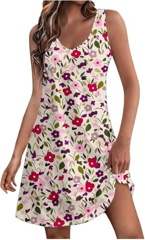 Sleeveless Women Summer Dresses Aline Mini Dress Casual Dress Floral Printed Vacation Beach Dress Swing Dress