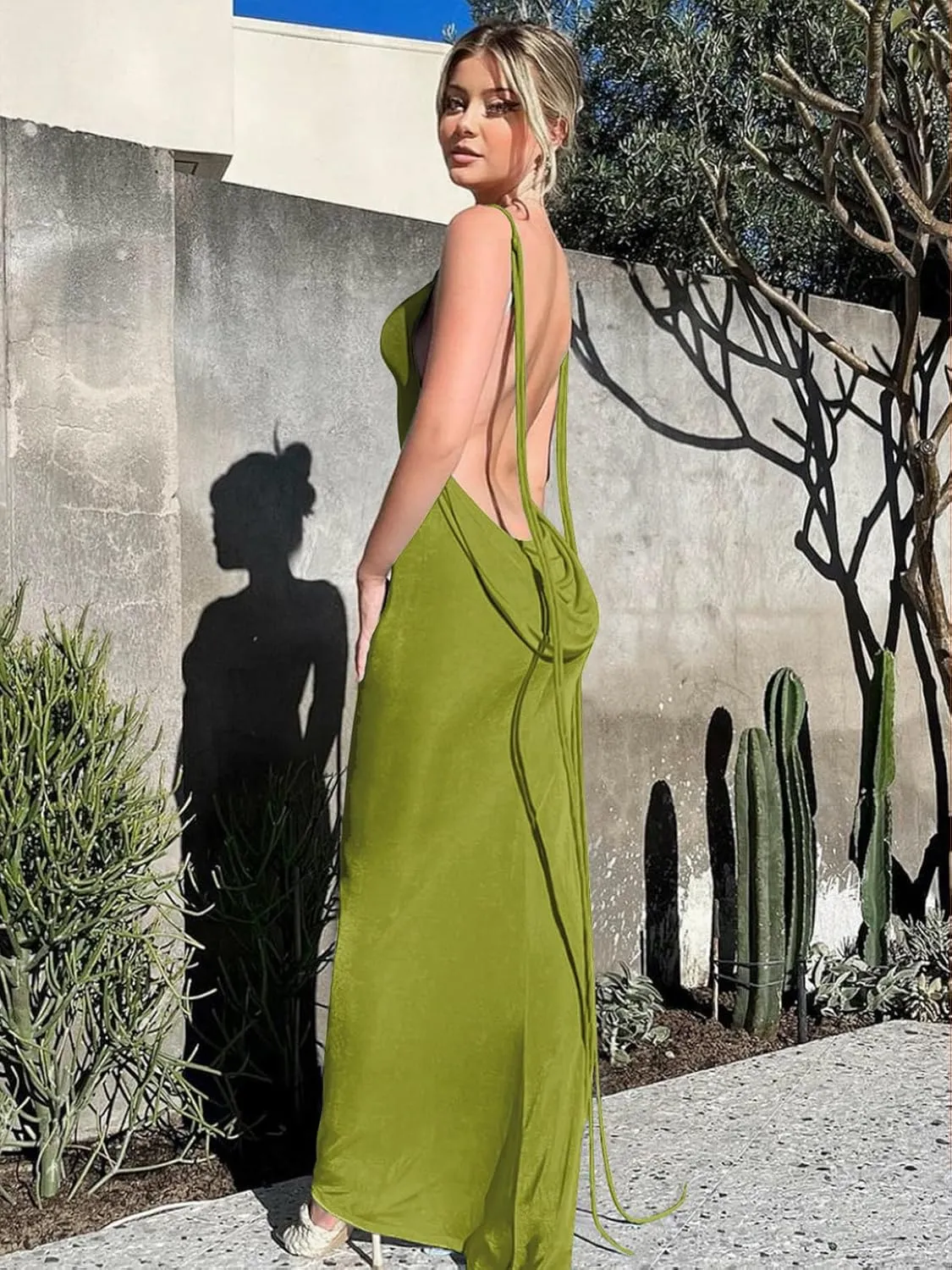 Slip Bodycon Dresses for Women Spaghetti Strap Lace Up Backless Cowl Neck Maxi Mermaid Cocktail Party Dress