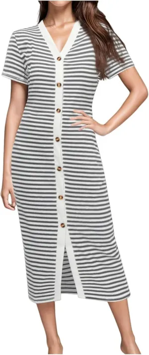 Spring Dresses for Women 2025 Lounge Petite Striped Short Flutter Sleeve V Neck Button Up Work Dress Country Concert Outfits