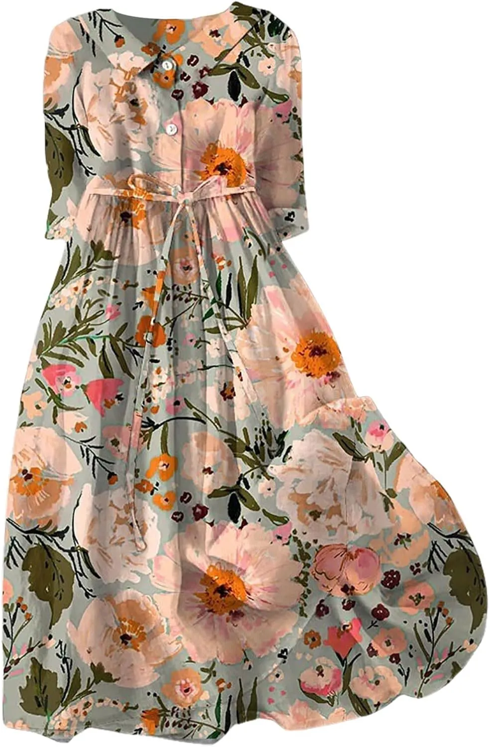 Spring Floral Dress for Women Bohemian Vacation Button V Neck Half Sleeve Tie Waist Maxi Flowy Dress Travel Cruise Outfits