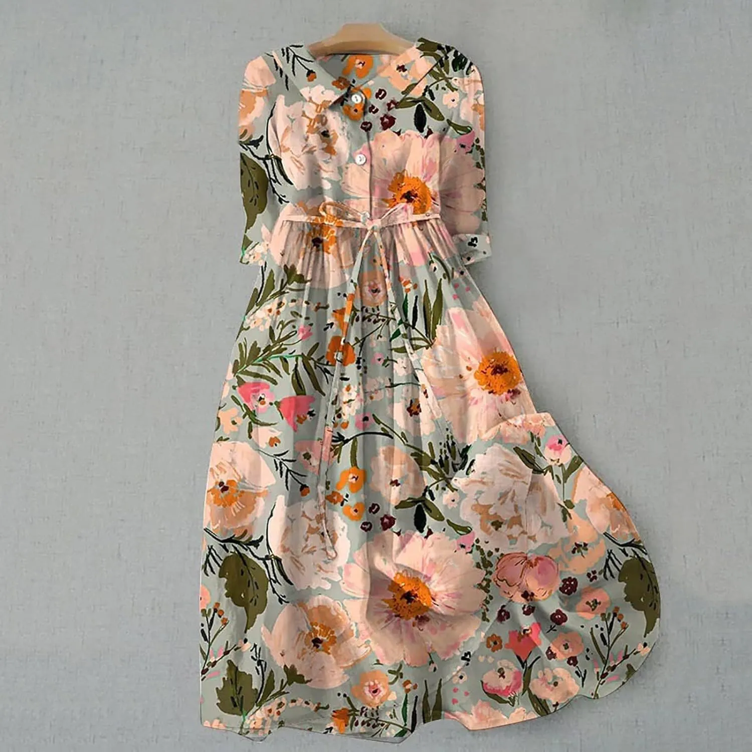Spring Floral Dress for Women Bohemian Vacation Button V Neck Half Sleeve Tie Waist Maxi Flowy Dress Travel Cruise Outfits