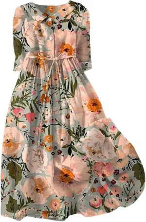 Spring Floral Dress for Women Bohemian Vacation Button V Neck Half Sleeve Tie Waist Maxi Flowy Dress Travel Cruise Outfits