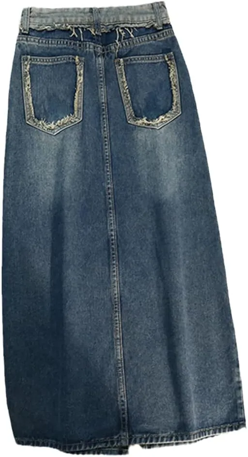 Spring Summer High Waist Tassel Long Women Denim Skirts Button Front Split Jeans Wrap A-Line Skirts