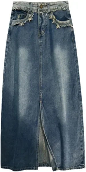 Spring Summer High Waist Tassel Long Women Denim Skirts Button Front Split Jeans Wrap A-Line Skirts