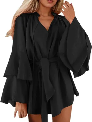 Summer Church Dresses for Women Cute Flowy Tiered Long Sleeve Tie Belt Shirt Mini Dress Petite Evening Party Beach Cover Ups