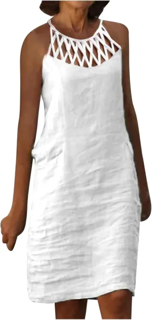 Summer Cotton Linen Dresses for Women Casual Boho Shirt Dresses Halter Spaghetti Strap Beach Flowy Mini Sundress