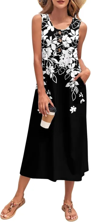 Summer Dresses for Women 2025 Beach Vacation Spring Clothes Sleeveless Crewneck Buttons Printed Maxi Dresses