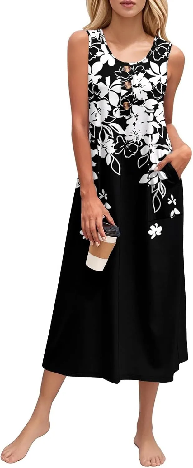 Summer Dresses for Women 2025 Beach Vacation Spring Clothes Sleeveless Crewneck Buttons Printed Maxi Dresses