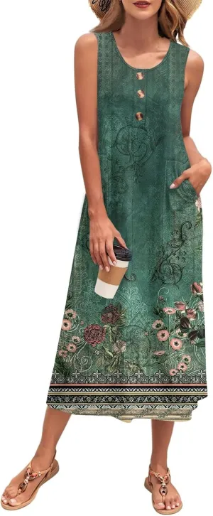 Summer Dresses for Women 2025 Beach Vacation Spring Clothes Sleeveless Crewneck Buttons Printed Maxi Dresses