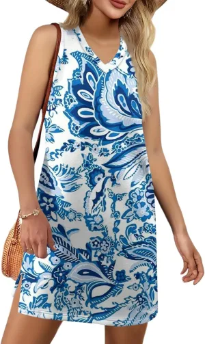 Summer Dresses for Women 2025 Beach Vacation Spring Clothes Sleeveless V Neck Floral Printed Sundresses