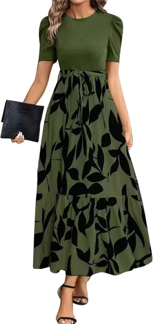 Summer Dresses for Women 2025 Elegant Short Sleeve Crewneck Tshirt Dress Business Casual Smocked Floral Maxi Dresses