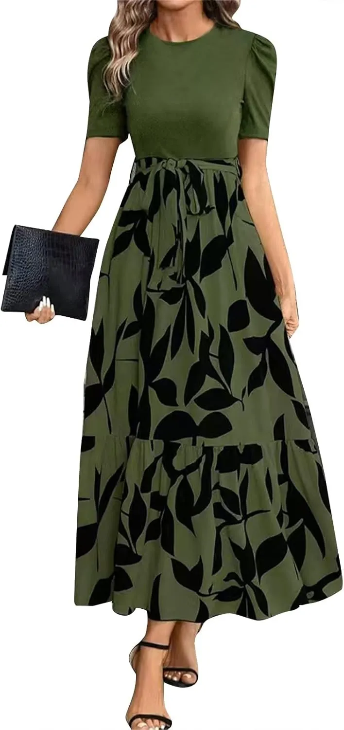 Summer Dresses for Women 2025 Elegant Short Sleeve Crewneck Tshirt Dress Business Casual Smocked Floral Maxi Dresses