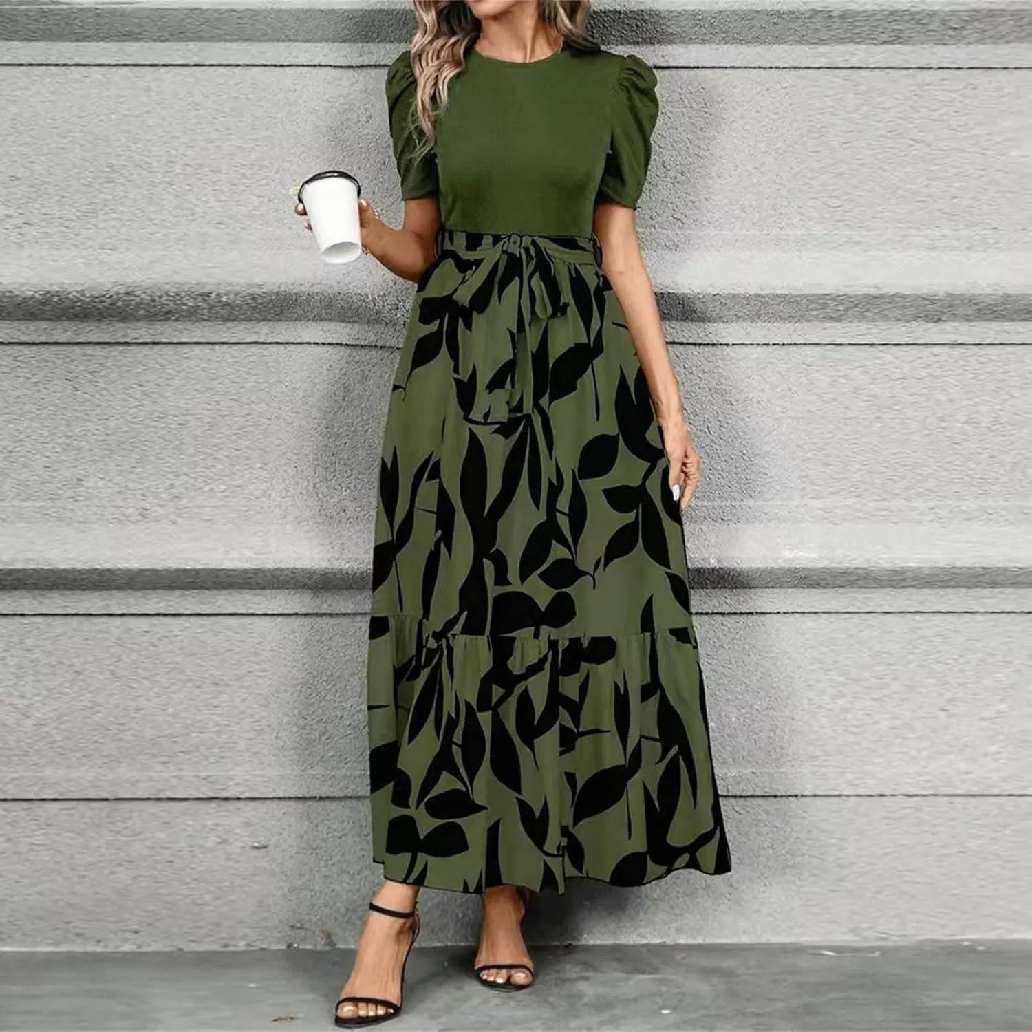 Summer Dresses for Women 2025 Elegant Short Sleeve Crewneck Tshirt Dress Business Casual Smocked Floral Maxi Dresses