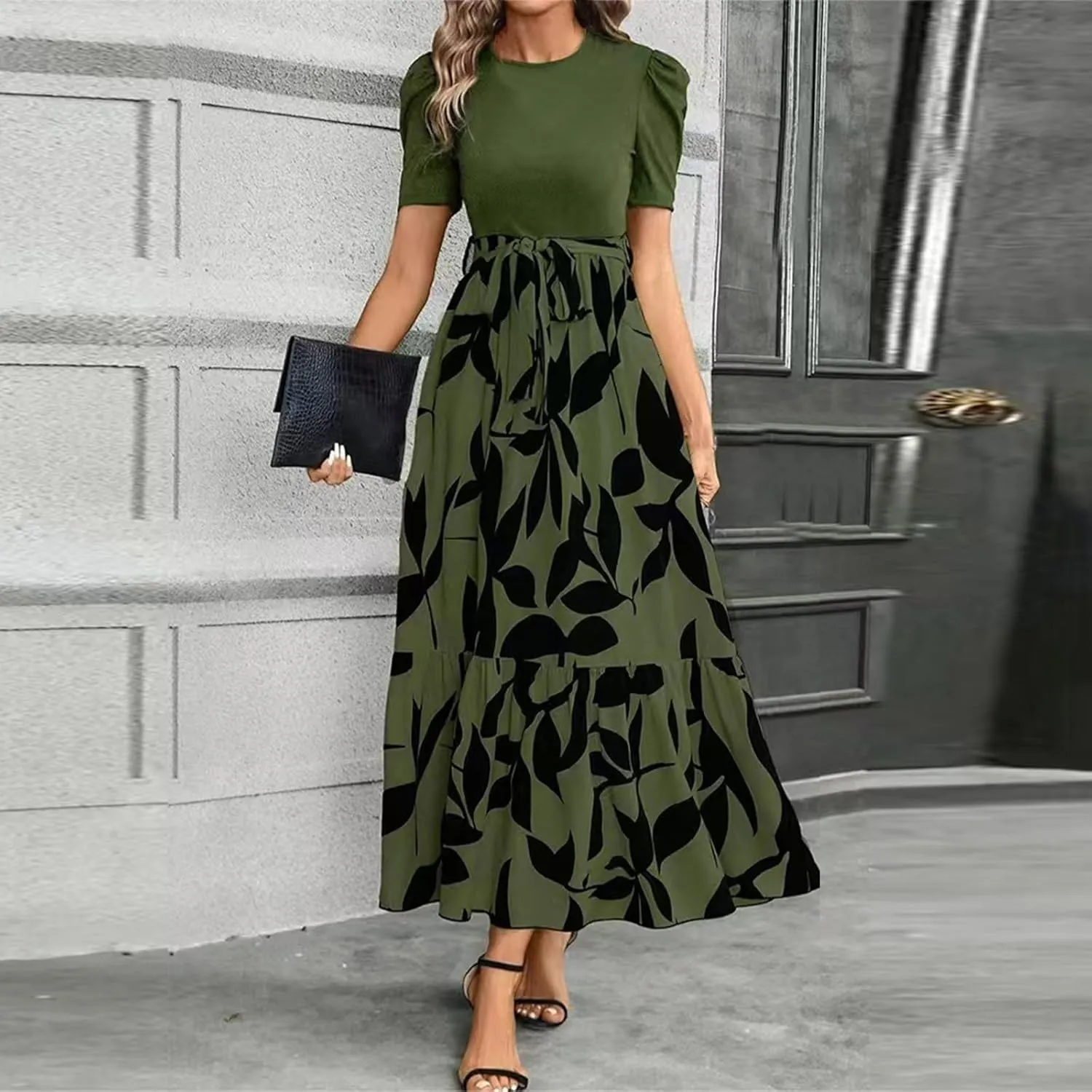 Summer Dresses for Women 2025 Elegant Short Sleeve Crewneck Tshirt Dress Business Casual Smocked Floral Maxi Dresses