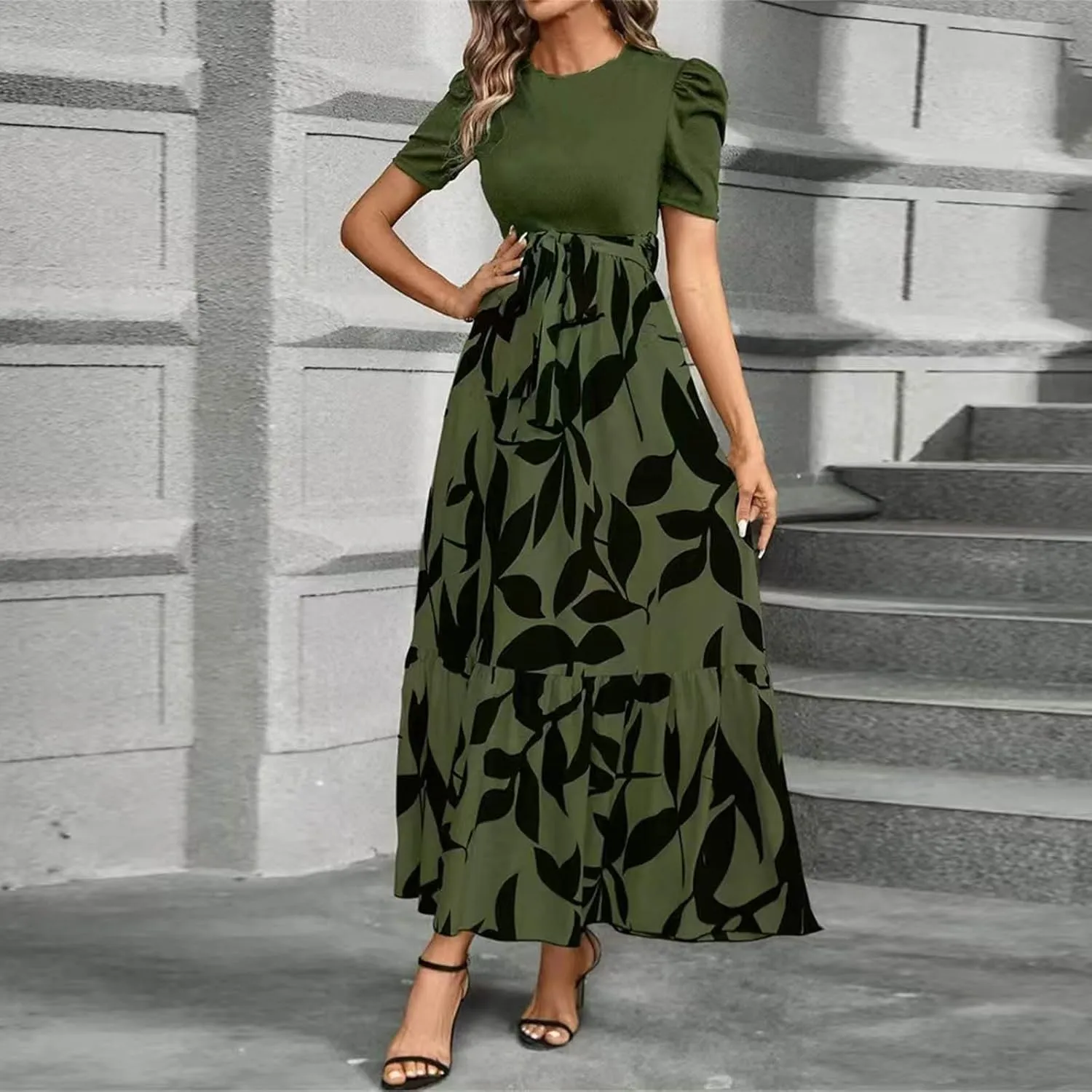 Summer Dresses for Women 2025 Elegant Short Sleeve Crewneck Tshirt Dress Business Casual Smocked Floral Maxi Dresses