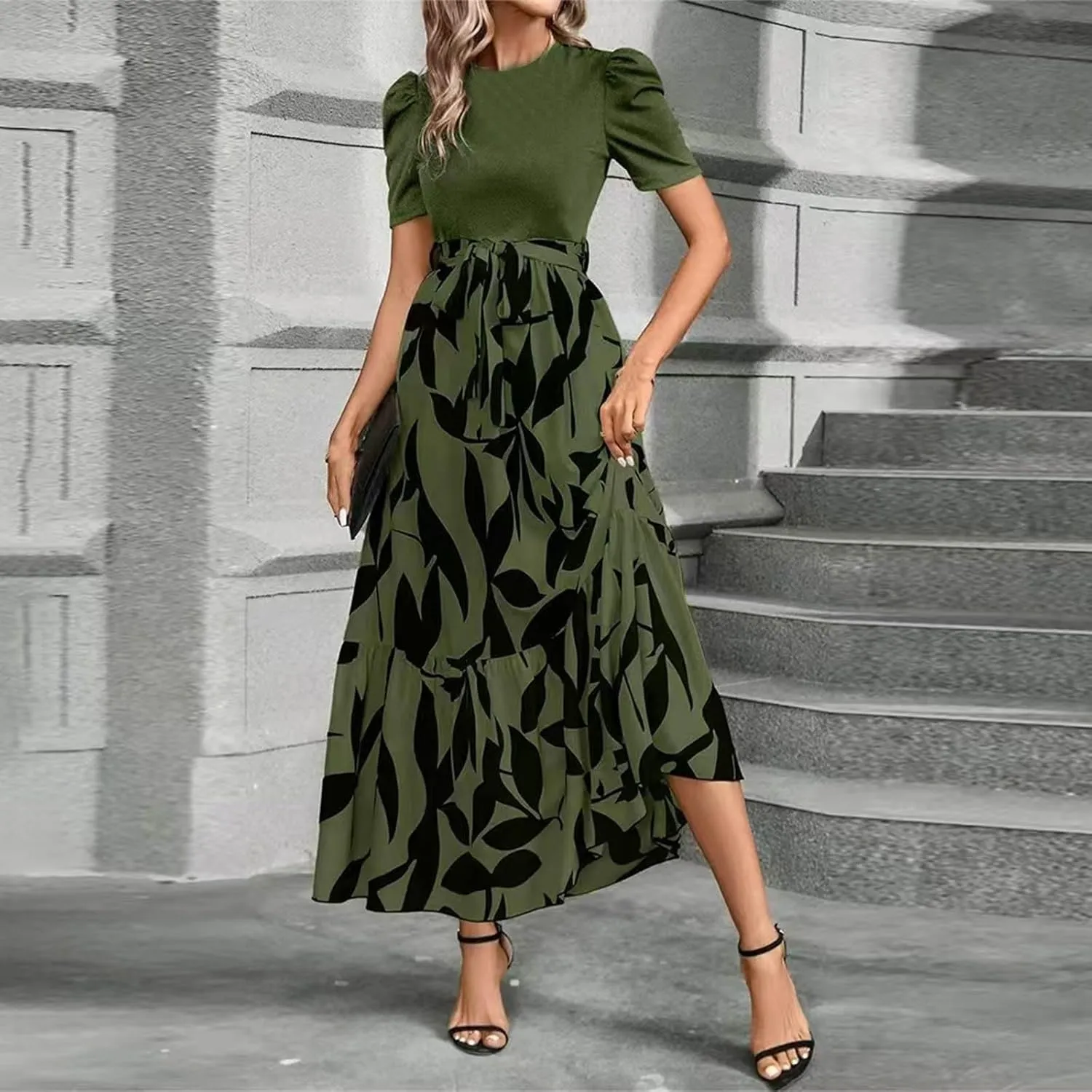 Summer Dresses for Women 2025 Elegant Short Sleeve Crewneck Tshirt Dress Business Casual Smocked Floral Maxi Dresses