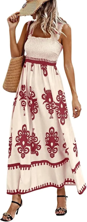 Summer Dresses for Women 2025 Floral Printed Sundress Spaghetti Strap Flowy Beach Vacation Boho Maxi Dresses