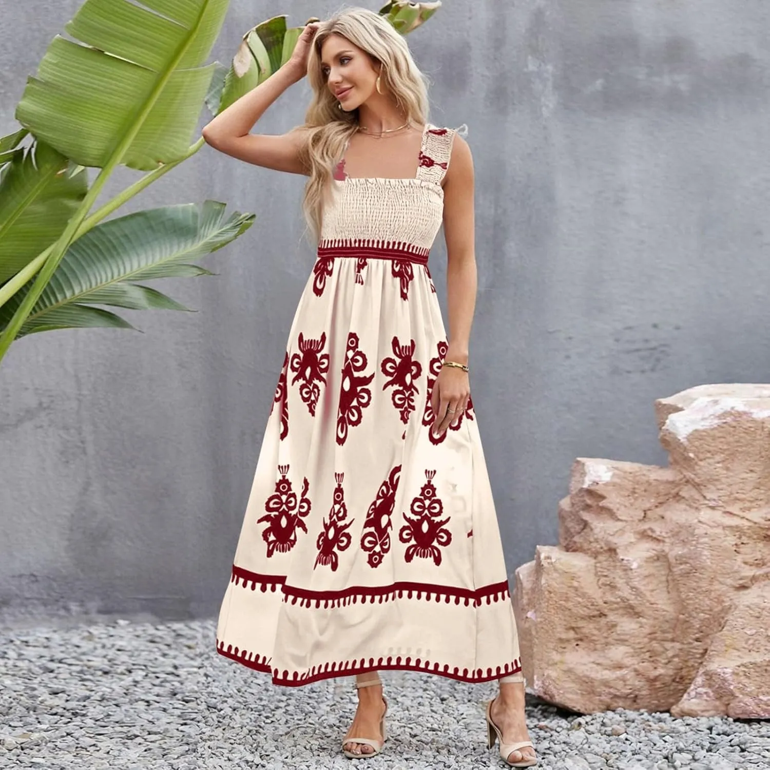 Summer Dresses for Women 2025 Floral Printed Sundress Spaghetti Strap Flowy Beach Vacation Boho Maxi Dresses