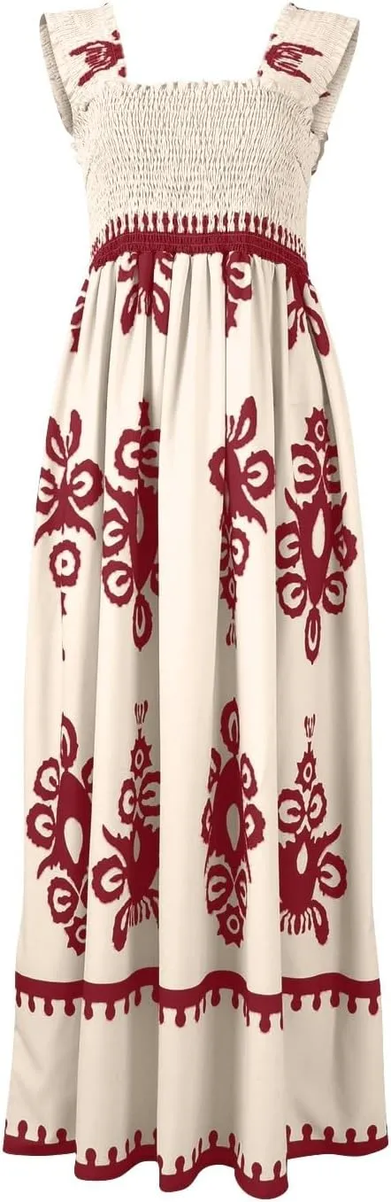 Summer Dresses for Women 2025 Floral Printed Sundress Spaghetti Strap Flowy Beach Vacation Boho Maxi Dresses
