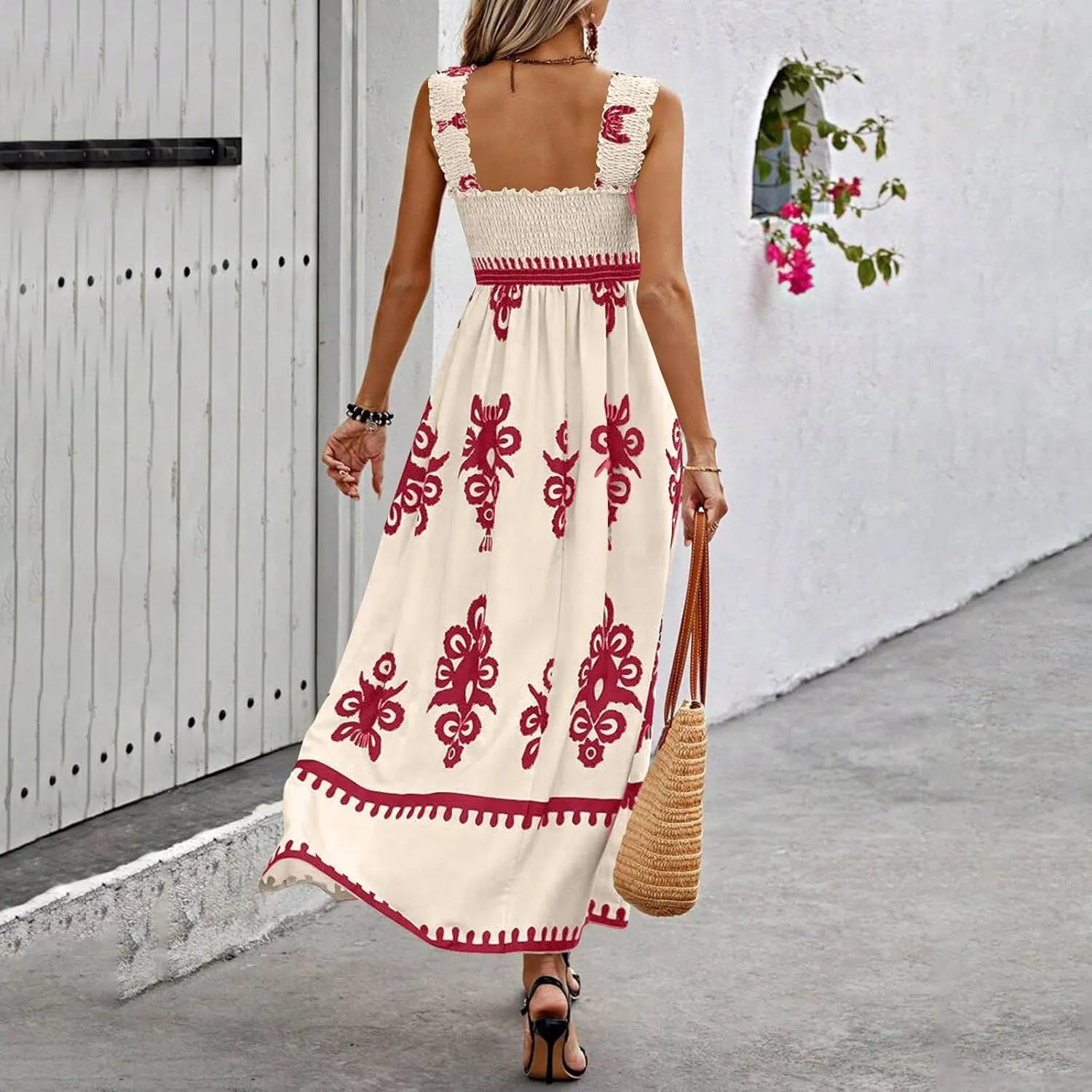Summer Dresses for Women 2025 Floral Printed Sundress Spaghetti Strap Flowy Beach Vacation Boho Maxi Dresses