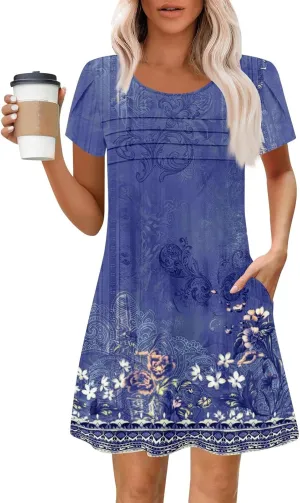 Summer Dresses for Women 2025 Trendy Printed Short Sleeve Spring Mini Dress Crewneck Casual Beach Vacation Dresses