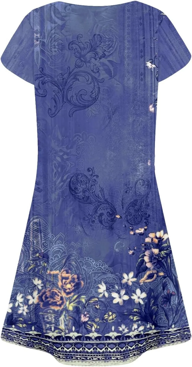 Summer Dresses for Women 2025 Trendy Printed Short Sleeve Spring Mini Dress Crewneck Casual Beach Vacation Dresses