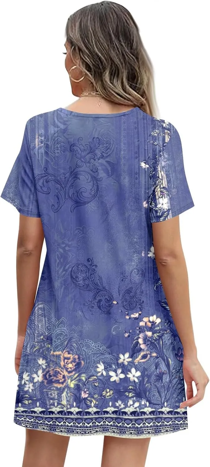 Summer Dresses for Women 2025 Trendy Printed Short Sleeve Spring Mini Dress Crewneck Casual Beach Vacation Dresses