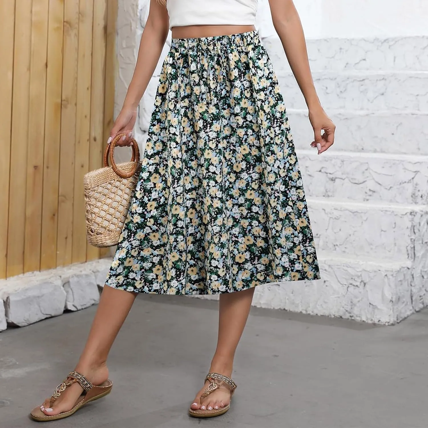 Summer Skirts for Women 2025 Elastic High Waisted Floral Midi Skirt Baggy Boho Beach Flowy Swing Skirts with Pockets