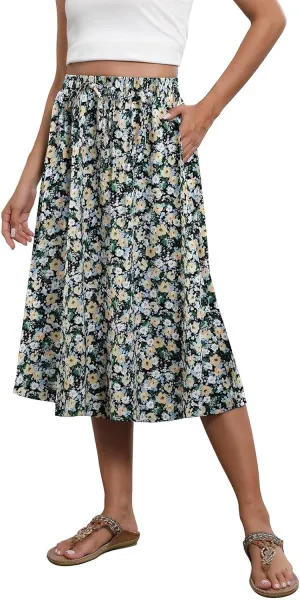 Summer Skirts for Women 2025 Elastic High Waisted Floral Midi Skirt Baggy Boho Beach Flowy Swing Skirts with Pockets