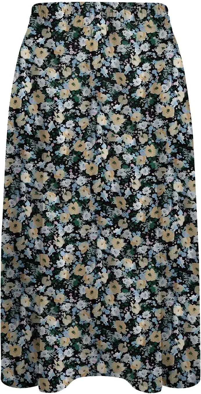 Summer Skirts for Women 2025 Elastic High Waisted Floral Midi Skirt Baggy Boho Beach Flowy Swing Skirts with Pockets