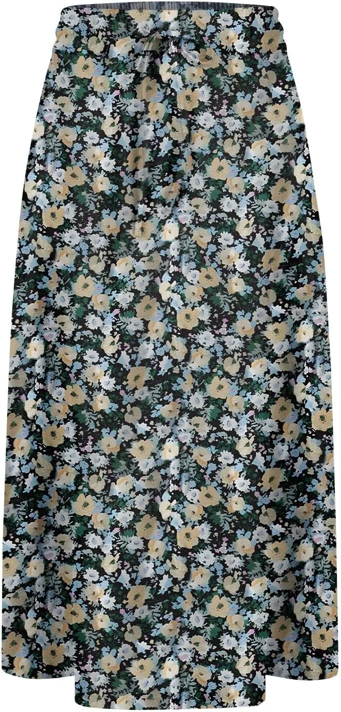 Summer Skirts for Women 2025 Elastic High Waisted Floral Midi Skirt Baggy Boho Beach Flowy Swing Skirts with Pockets