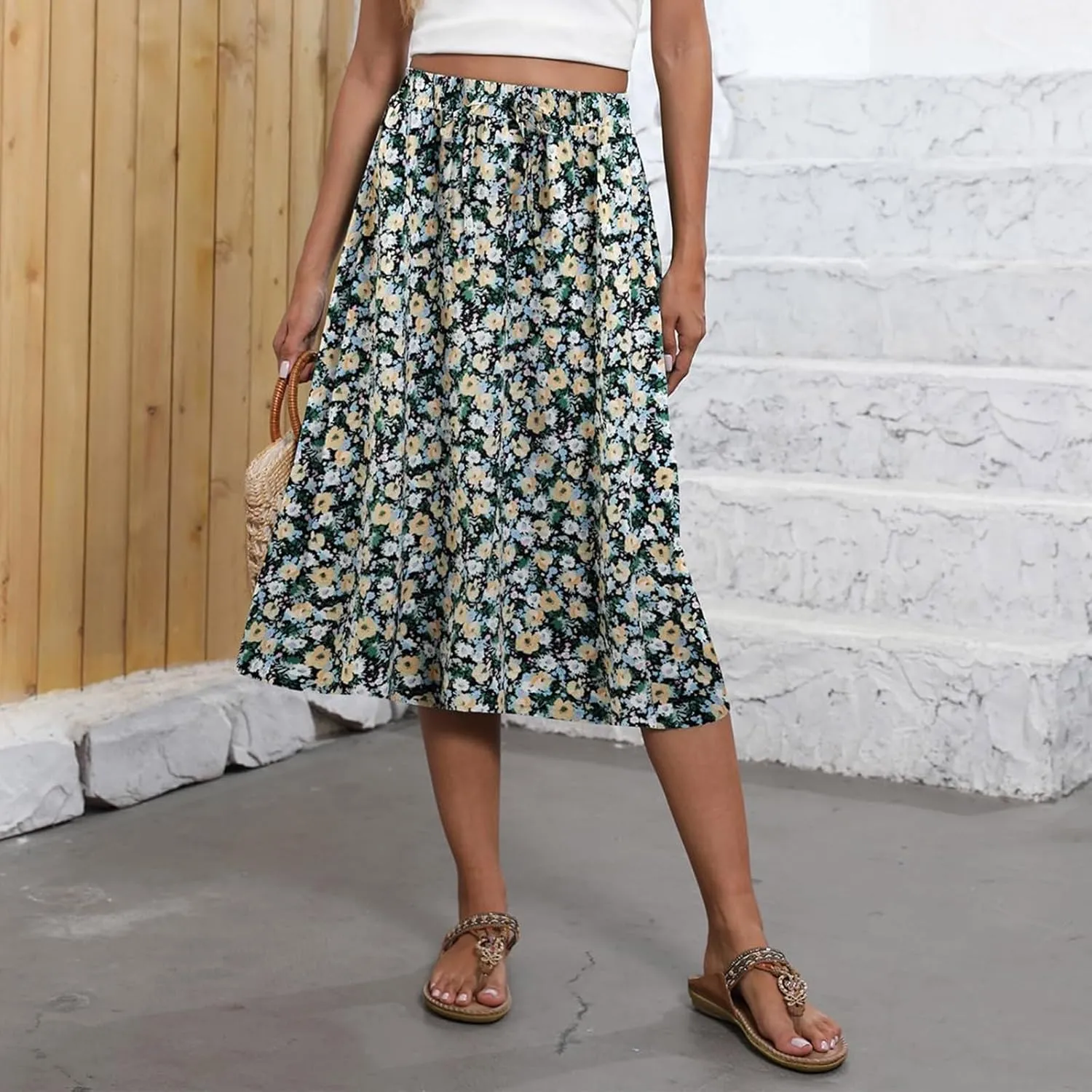 Summer Skirts for Women 2025 Elastic High Waisted Floral Midi Skirt Baggy Boho Beach Flowy Swing Skirts with Pockets