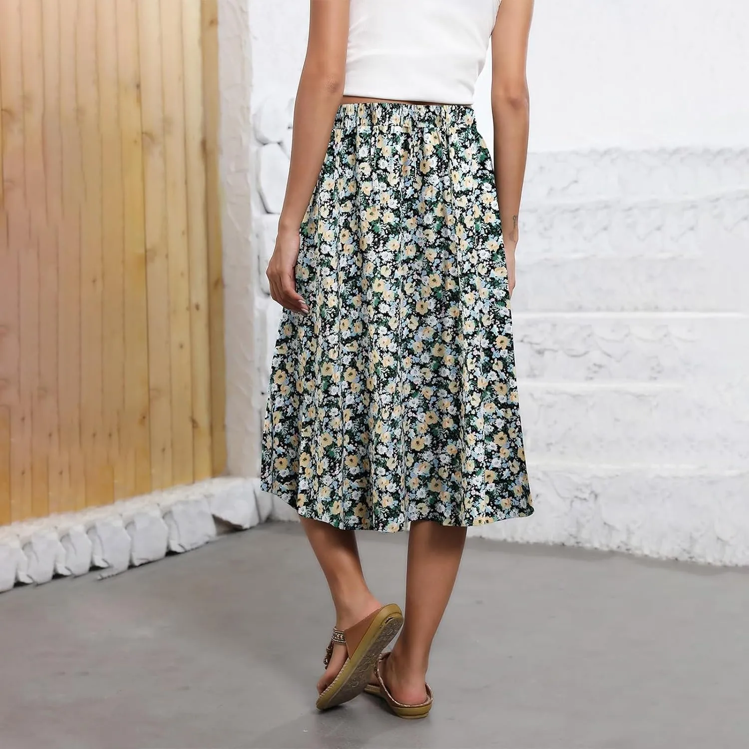 Summer Skirts for Women 2025 Elastic High Waisted Floral Midi Skirt Baggy Boho Beach Flowy Swing Skirts with Pockets