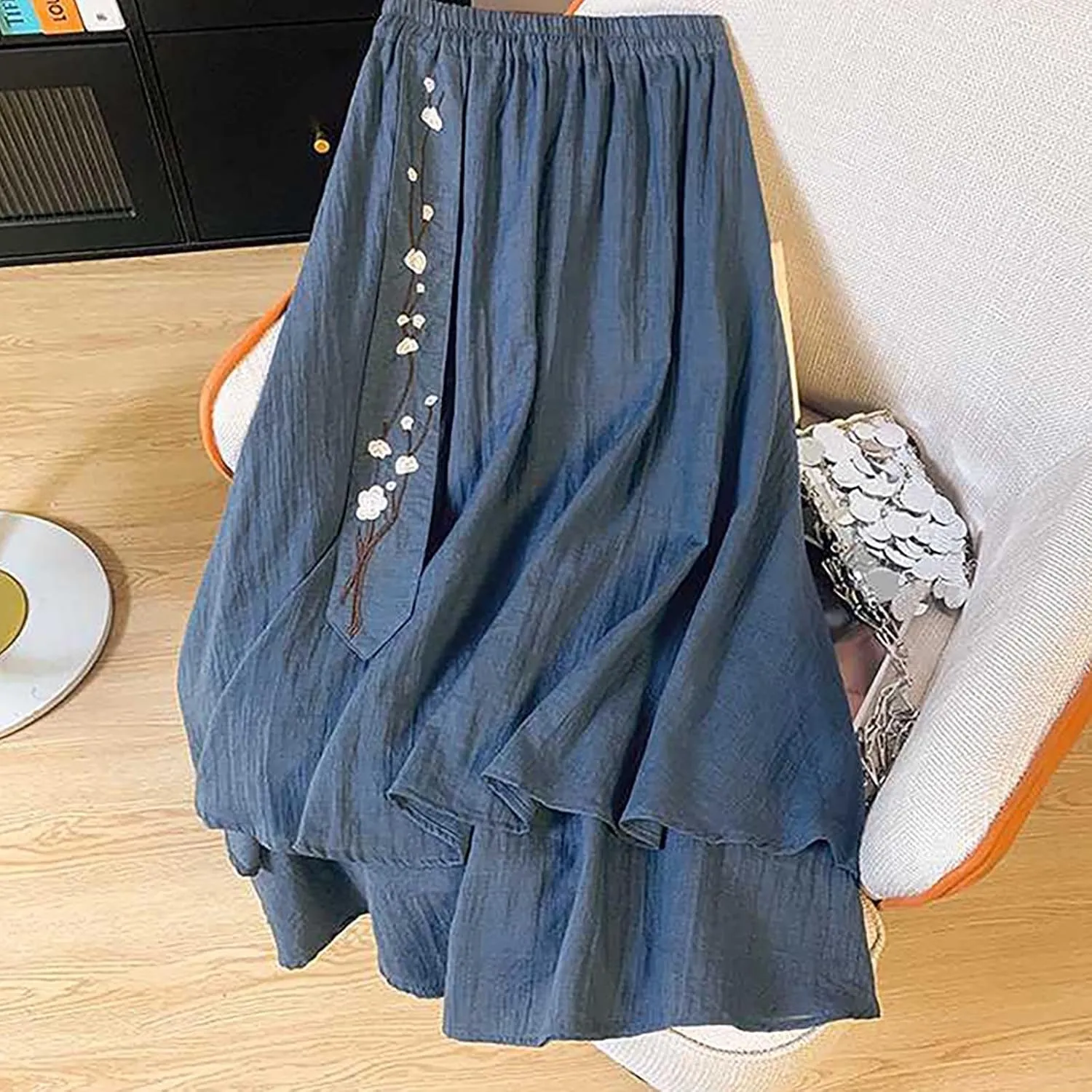 Summer Skirts for Women Causal Elastic Waist Embroidered Asymmetric Hem Maxi Skirt Cotton Linen Ruffle Beach Skirts