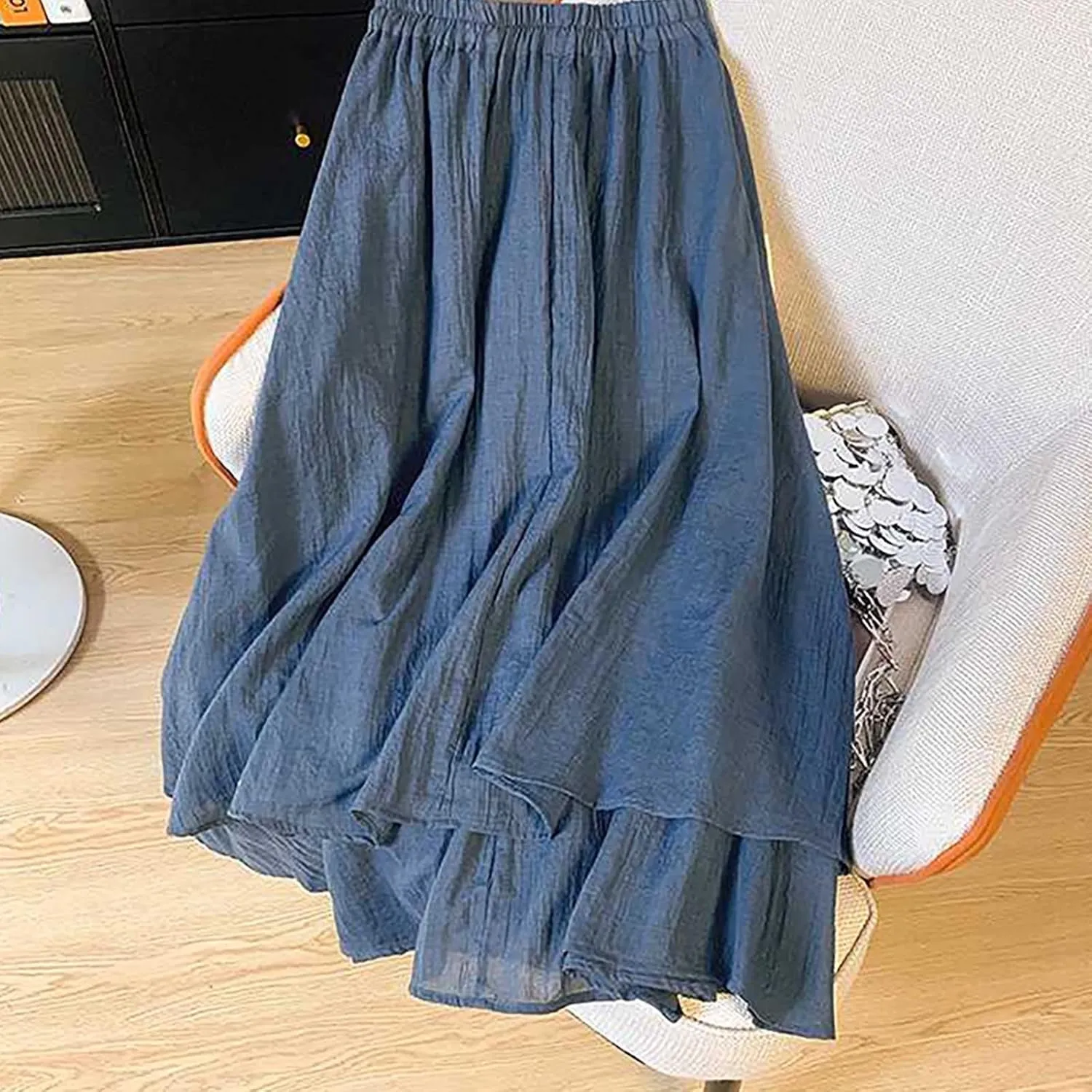Summer Skirts for Women Causal Elastic Waist Embroidered Asymmetric Hem Maxi Skirt Cotton Linen Ruffle Beach Skirts