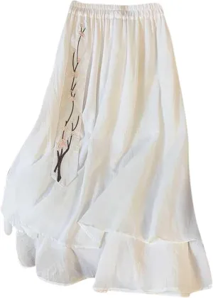 Summer Skirts for Women Causal Elastic Waist Embroidered Asymmetric Hem Maxi Skirt Cotton Linen Ruffle Beach Skirts