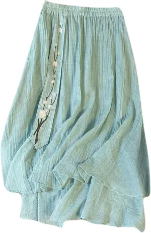 Summer Skirts for Women Causal Elastic Waist Embroidered Asymmetric Hem Maxi Skirt Cotton Linen Ruffle Beach Skirts