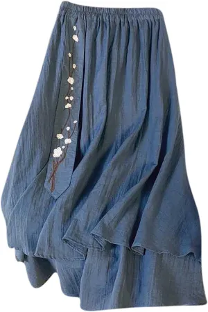 Summer Skirts for Women Causal Elastic Waist Embroidered Asymmetric Hem Maxi Skirt Cotton Linen Ruffle Beach Skirts