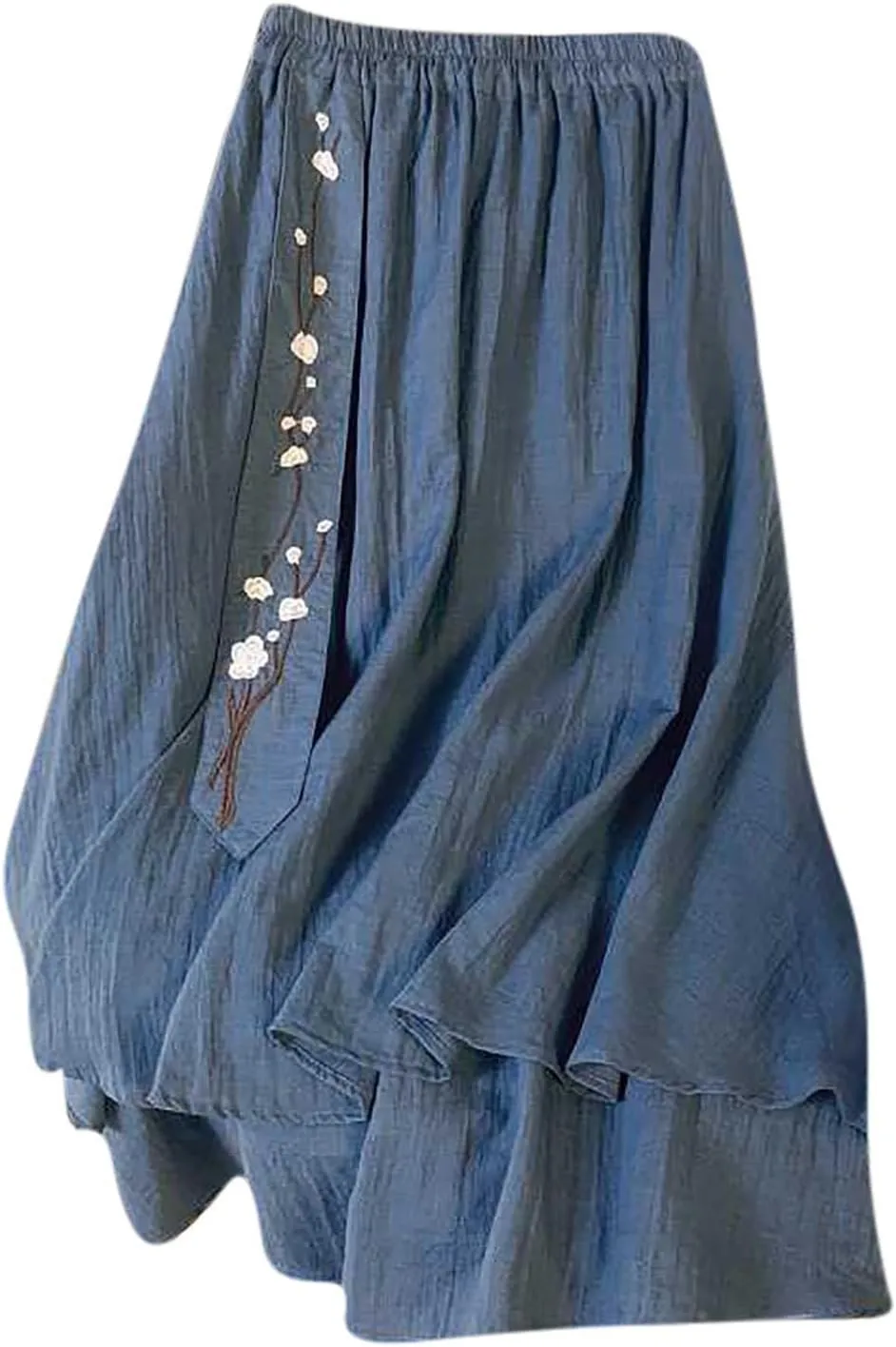 Summer Skirts for Women Causal Elastic Waist Embroidered Asymmetric Hem Maxi Skirt Cotton Linen Ruffle Beach Skirts