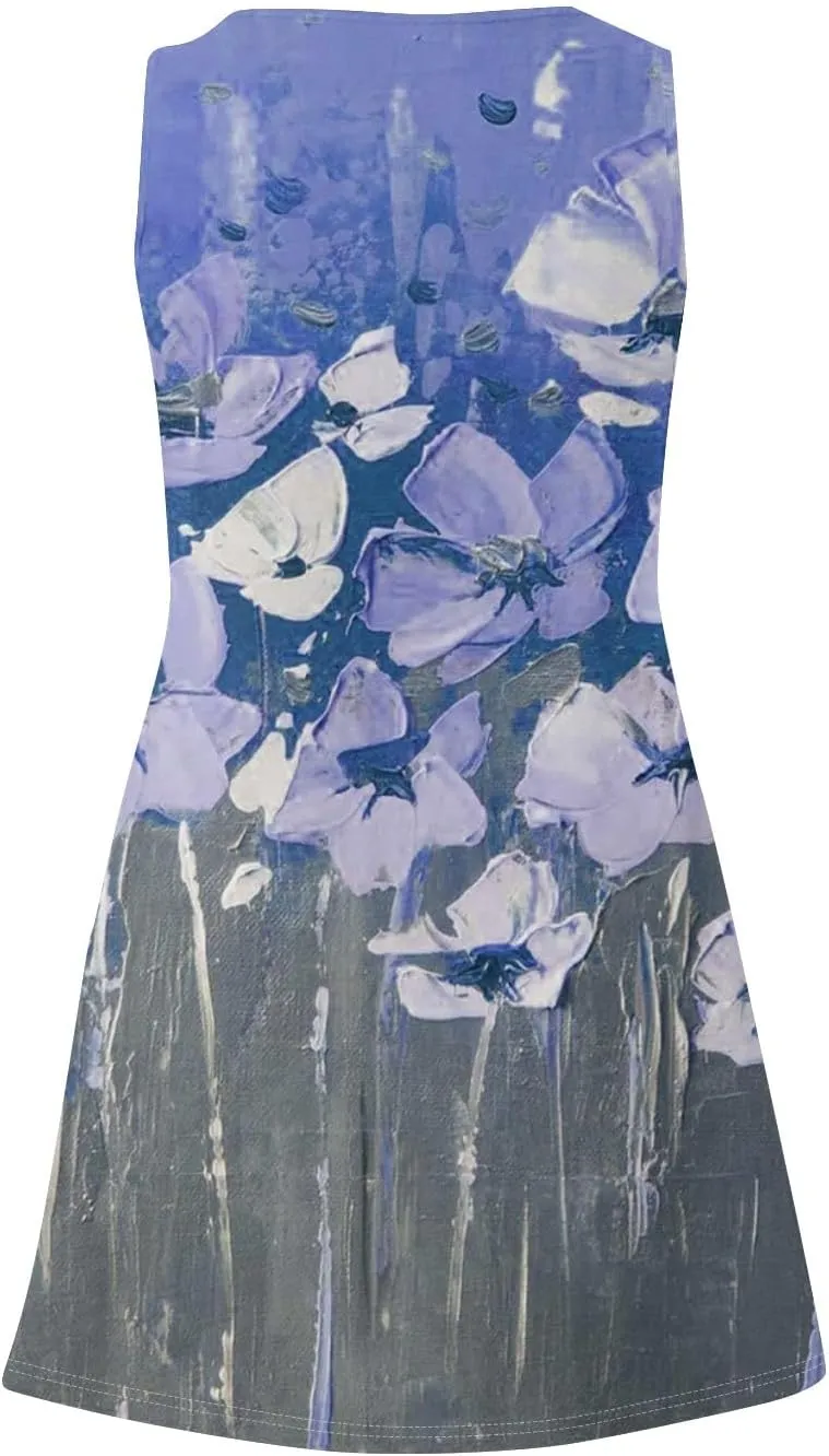 Sundresses for Women 2025 Casual Sleeveless Floral Printed Dress Loose Fit Dresses with Pockets