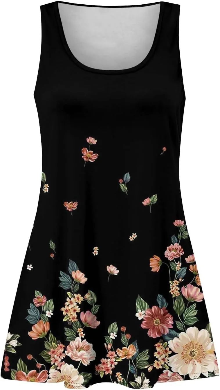 Sundresses for Women 2025 Casual Sleeveless Floral Printed Dress Loose Fit Dresses with Pockets