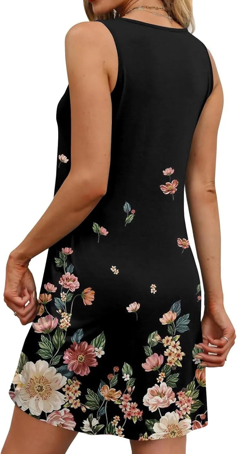 Sundresses for Women 2025 Casual Sleeveless Floral Printed Dress Loose Fit Dresses with Pockets