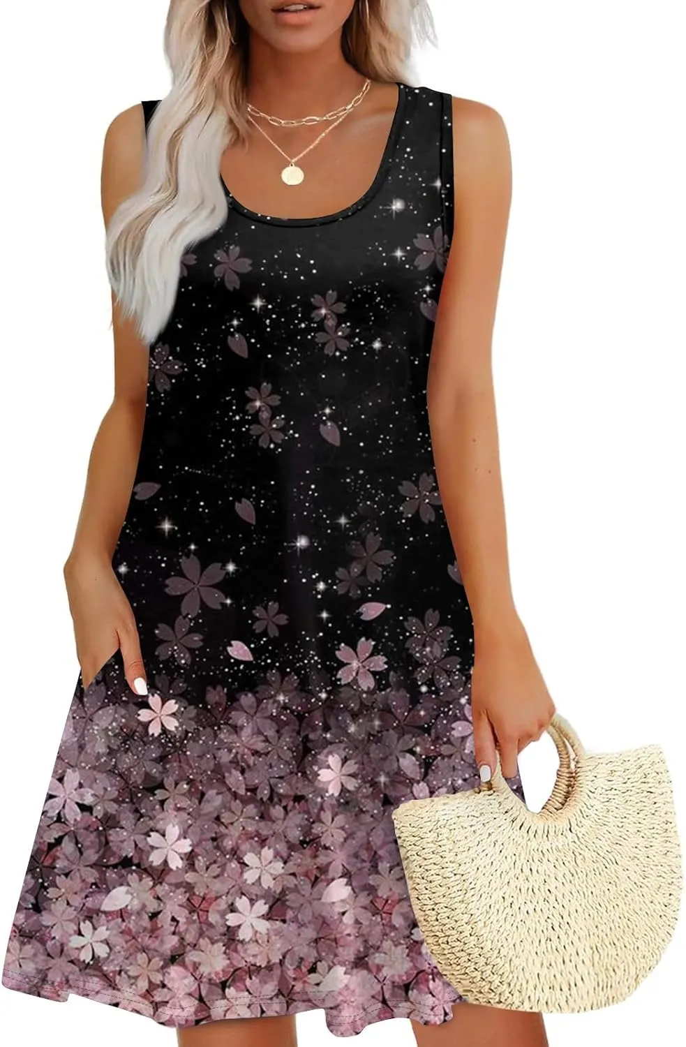 Sundresses for Women 2025 Casual Sleeveless Floral Printed Dress Loose Fit Dresses with Pockets