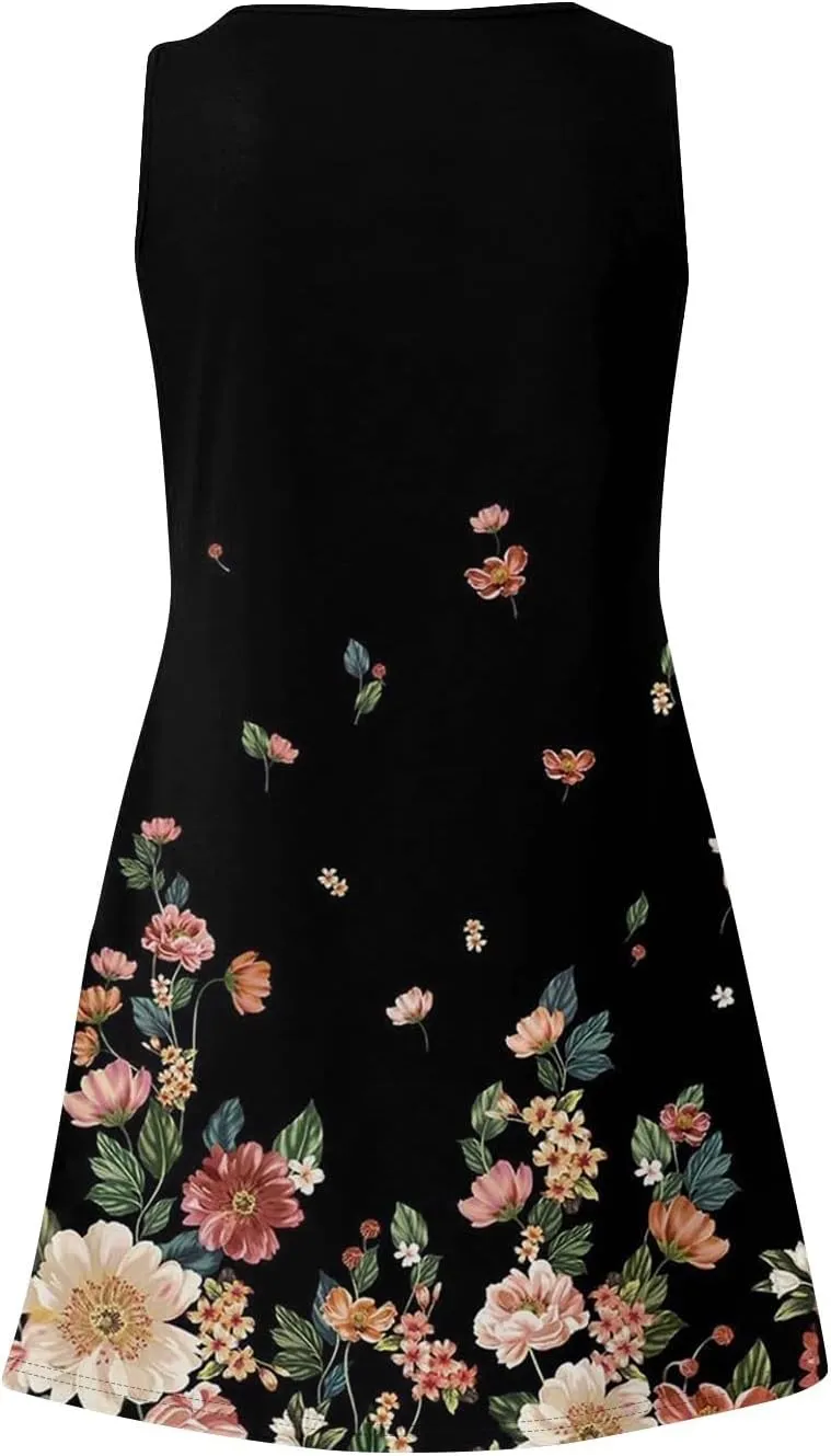 Sundresses for Women 2025 Casual Sleeveless Floral Printed Dress Loose Fit Dresses with Pockets