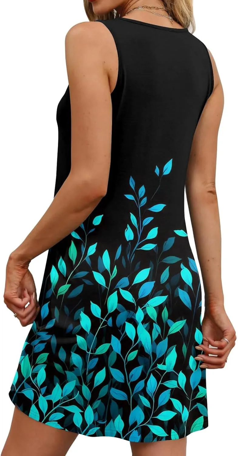 Sundresses for Women 2025 Casual Sleeveless Floral Printed Dress Loose Fit Dresses with Pockets